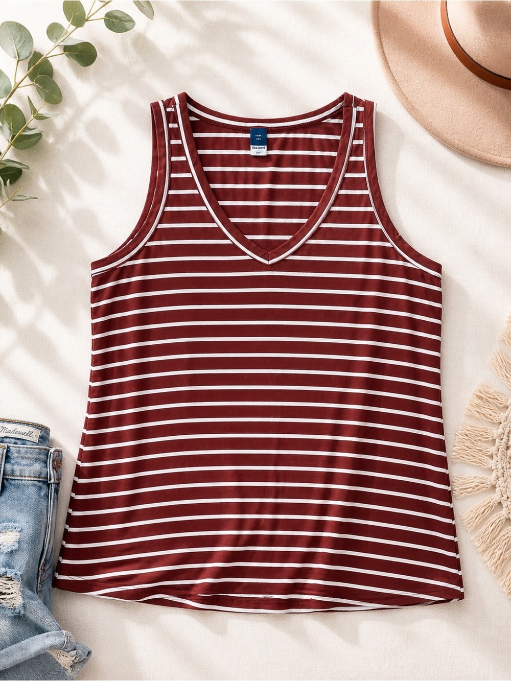 Old Navy Burgundy and White Striped V-Neck Tank